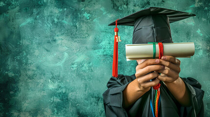 Graduate in cap and gown proudly holding a diploma against a textured background, symbolizing academic achievement and success.