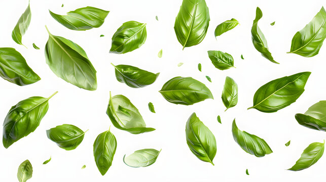 Falling basil leaves isolated isolated on white background, pop-art, png
