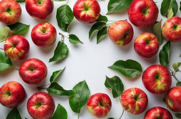 Wall Mural - Red Apples and Green Leaves Arranged in a Circle on White Background