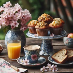 Poster - A cozy spring tea time  in a blooming garden