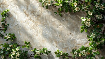 Wall Mural - With the leaf shadows blurred, the background is light beige or cream stone