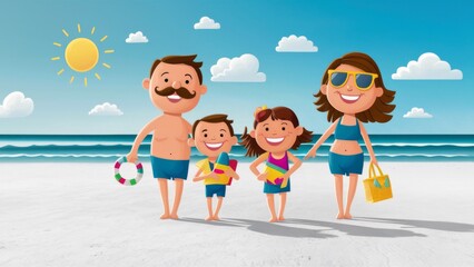 Wall Mural - A cartoon family on the beach with a little girl and boy, AI