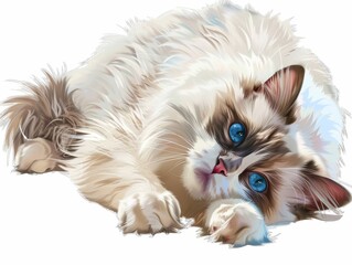 A beautiful Ragdoll cat with bright blue eyes rests calmly against a white background, showcasing its fluffy fur and serene demeanor.