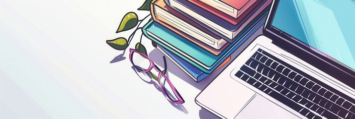 Poster - A modern desk setup with a laptop, textbooks, and glasses, symbolizing the contemporary methods of learning and education. Generative AI