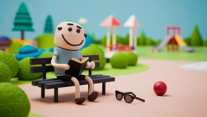 Wall Mural - A toy figurine sitting on a bench reading a book, AI