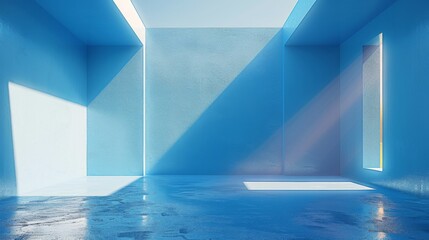 Wall Mural - Background for product or artwork display with a perspective floor backdrop blue room studio with light blue gradient spotlight