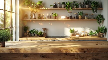 This cozy kitchen background has a light stone wall and wooden table countertop or shelf for showcasing products