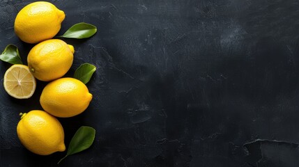 Wall Mural - Top down view of whole lemons on black background with copy space
