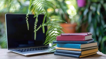 Poster - A laptop computer rests next to a stack of textbooks, symbolizing the modern approach to education. Generative AI