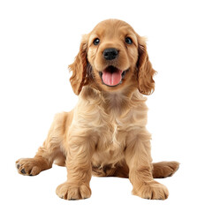 happy golden cocker spaniel puppy sitting full height, white background