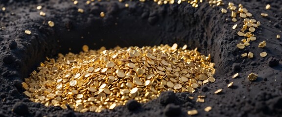 pile of golden nuggets with black soil underneath, suggesting the nuggets have been discovered.