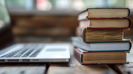 Aufkleber - A stack of books and a laptop on a wooden table, signifying modern methods of learning. Generative AI