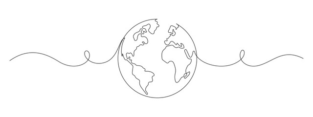 Fototapete - One continuous line drawing of Earth globe. World map and planet symbol in simple linear style. Travel and flight concept in editable stroke. Doodle contour vector illustration
