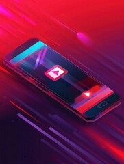 Fototapete - A smartphone with a bright screen displaying a video streaming app with a play button, set against a dynamic neon background. Generative AI