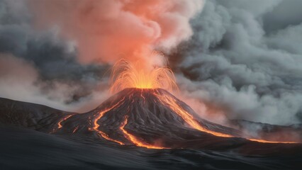 Wall Mural - A volcano erupting with lava and smoke coming out of it, AI