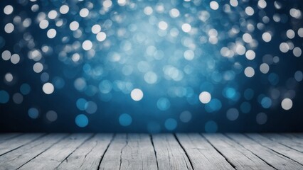 Wall Mural - rustic wooden boards table with blue and white bokeh lights dots background