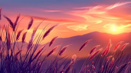 Pampas grass and sunset landscape background
