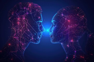 ai dating algorithm abstract visualization of male and female face outlines formed by glowing circuit patterns and binary code streams on deep blue background