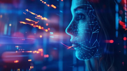 Poster - Profile of a woman with a digital face overlay and glowing data points