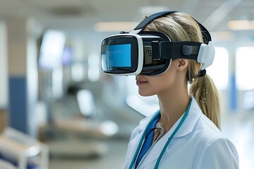 Wall Mural - Medicament virtual reality simulation platform allowing healthcare professionals train realistic clinical scenarios medication management meticulous data exploration of VR in future medical education