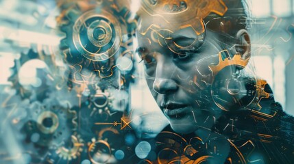 Poster - Abstract double exposure of gears and cogs overlaying an engineer inspecting a machine part, emphasizing precision engineering