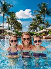 Wall Mural - A woman and two children in a pool with palm trees, AI