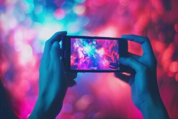 Poster - A hand holds a smartphone displaying a vibrant video stream with colorful, blurred background lights. Generative AI