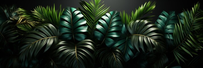 This image displays a dense jungle with vibrant green foliage against a dark background, ideal for nature themes, travel brochures, or as a unique text background