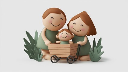 Wall Mural - A cartoon family with a baby in the cart, AI