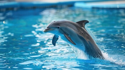 Wall Mural - Beautiful dolphins swimming. Dolphin jumping above blue water 