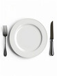 © Ivan - White empty round plate with fork and knife next to it from above isolated on white background