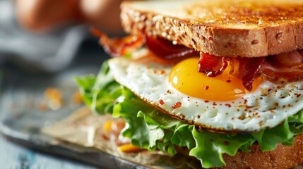 Wall Mural - Delicious Breakfast Sandwich with Bacon and Fried Egg Generative AI