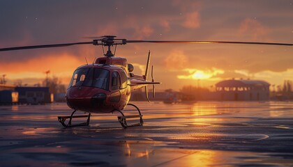 Wall Mural - Red Helicopter Parked on a Wet Runway at Sunset