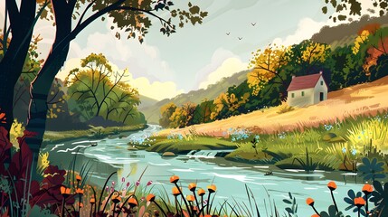 Wall Mural - Color traditional style illustration river side landscape
