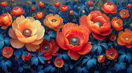 Wall Mural - Vibrant Red and Orange Poppy Flowers with Blue Foliage. Greeting card