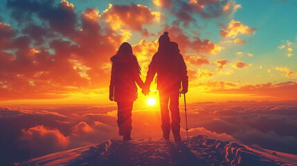 Wall Mural - two people hand in hand, hiking on top of mountains, fantasy nature landscape under sunrise or sunset.