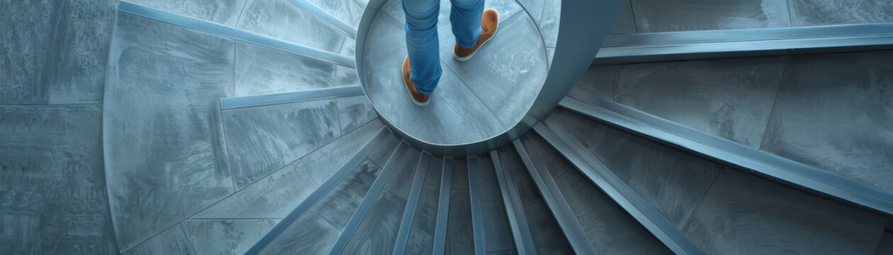 A person walking up a modern spiral staircase, captured from above, emphasizing the geometric design and minimalistic architecture.