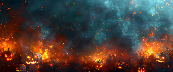 Wall Mural - A fire scene with many pumpkins and a dark sky