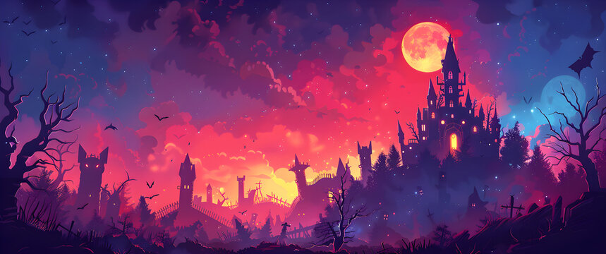 A colorful, fantasy landscape with a castle and a moon in the sky