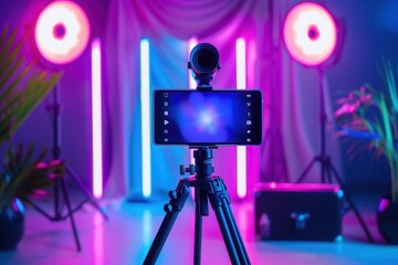 Wall Mural - A smartphone is mounted on a tripod in a studio setting, illuminated by vibrant lighting. This setup is perfect for video bloggers and streaming services. Generative AI