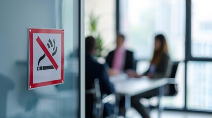 No Smoking Sign on Office Door with Blurred Meeting