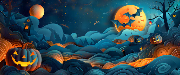 Wall Mural - A Halloween themed drawing of a beach with a moon and bats flying in the sky