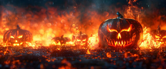 Wall Mural - A group of pumpkins are lit up and surrounded by fire
