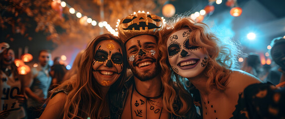 Three people are smiling and posing for a picture at a Halloween party