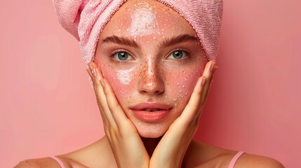 Wall Mural - A woman with a pink towel wrapped around her head and a pink background. She has a green eye and a pink face