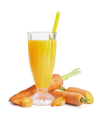 Sticker - Glass of fresh carrot juice on white background