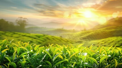 Sticker - Background of a Tea Plantation with Green Tea Leaves