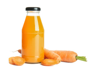 Sticker - Bottle of fresh carrot juice on white background