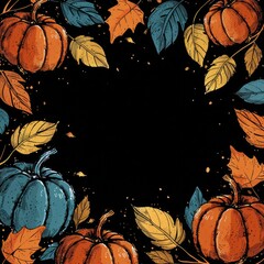 Poster - Autumnal Pumpkin and Leaf Border on Dark Background