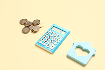 Sticker - Calculator with number 2024, coins and decorative house on yellow background